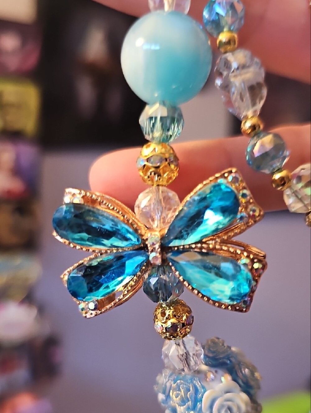 Blue Crystal Cat Witch Pumpkin Keychain - Purse Charm - Picture 3 of 4